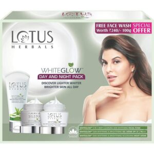 Lotus Herbals – WhiteGlow Day & Night Pack With WhiteGlow 3-in-1 Skin Whitening Free Face Wash Worth Rs.240 (50gm+100gm)