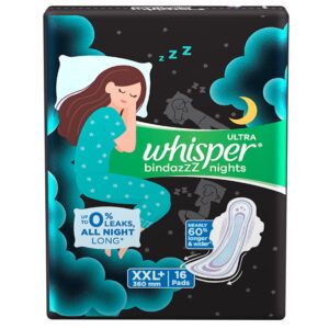 Whisper – Ultra Night Sanitary Pads for Women, XXL+, 16 Pads – Napkins