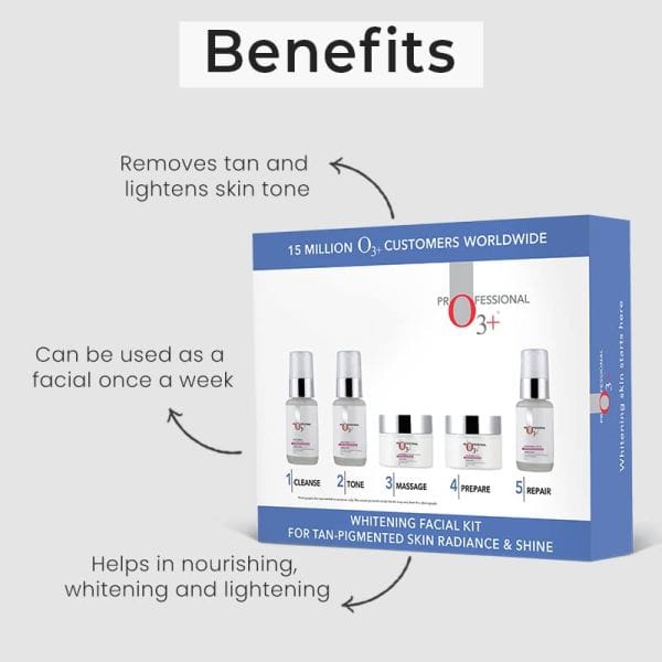 O3+ –  Professional Whitening Facial Kit for Tan-Pigmented Skin Radiance & Shine (150ml+100gm) - Image 2