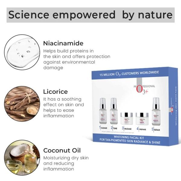 O3+ –  Professional Whitening Facial Kit for Tan-Pigmented Skin Radiance & Shine (150ml+100gm) - Image 3